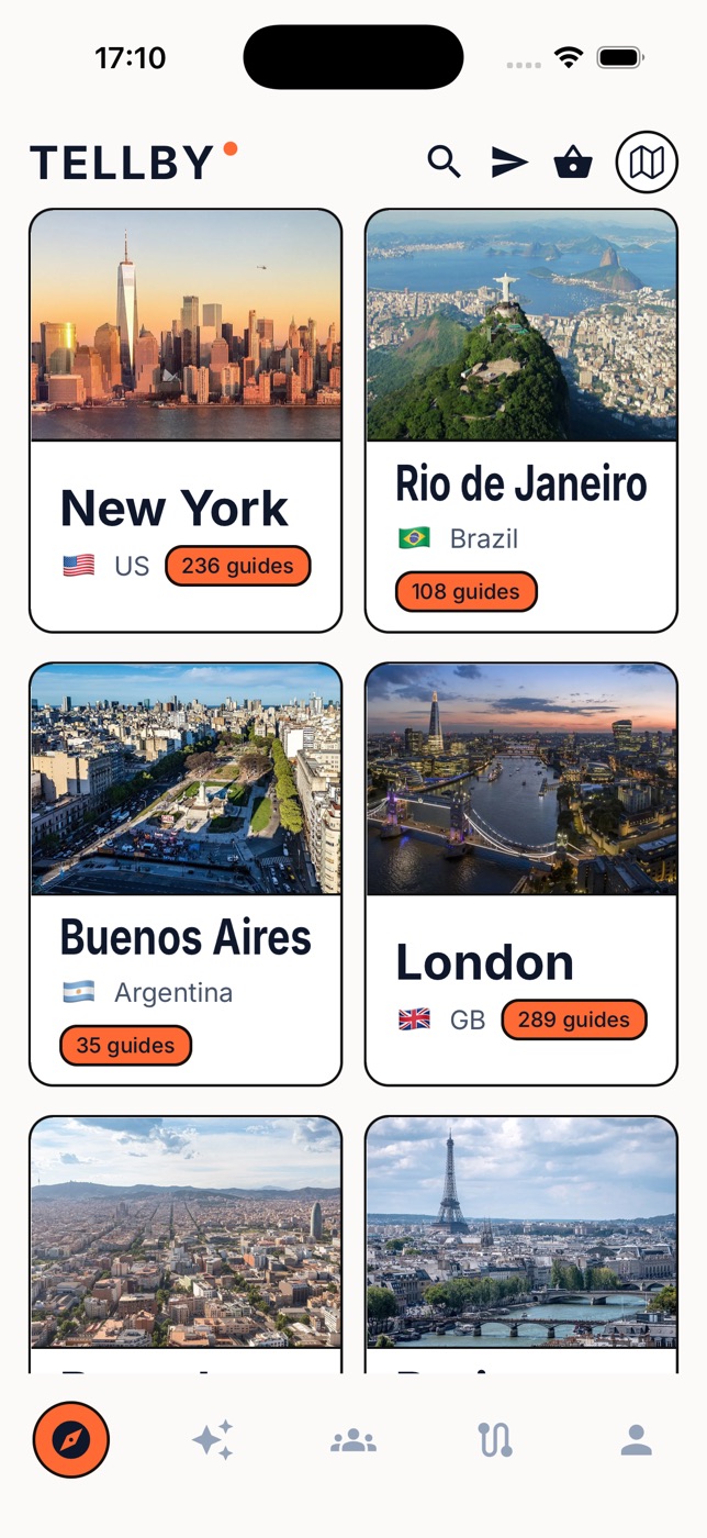 City list — New York with 236 guides, London with 289