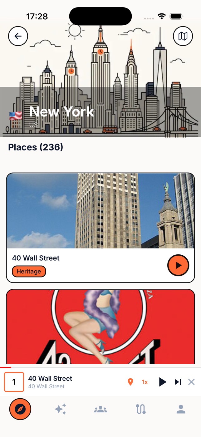 Places in New York with a guide playing in the mini player