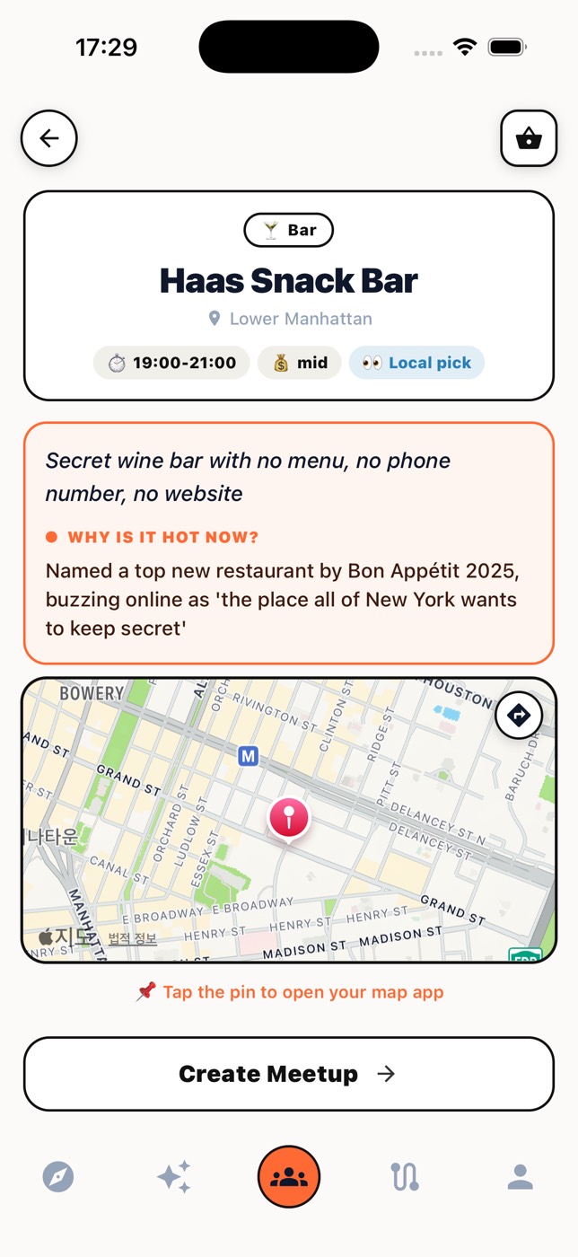 Place detail explaining why it's hot, with a meetup button