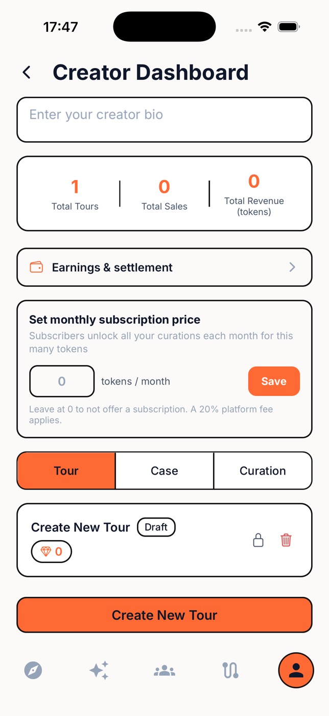 Creator dashboard with sales and monthly subscription pricing